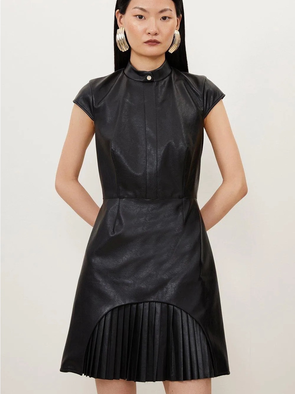 Karen Millen Faux Leather Military Pleat Mini Dress | Size 8 | Black